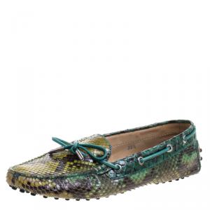 Pre Owned Tod's Green Python Bow Loafers Size 38.5