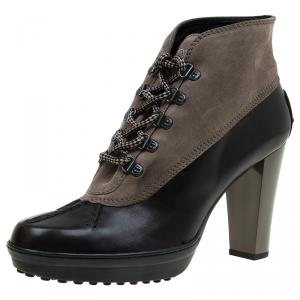 Pre Owned Tod's Tan Suede and Black Leather City Glam Lace-Up Ankle Booties Size 39.5