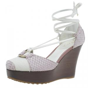 مملوكة مسبقًا Tod's Two Tone Python and Canvas Tie Up Wedge Sandals Size 37.5 