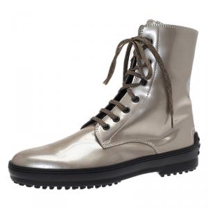 Pre Owned Tod's Beige Metallic Leather Lace Up Combat Boots Size 39.5