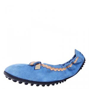 Pre Owned Tod's Blue Suede and Beige Leather Scrunch Ballet Flats Size 40