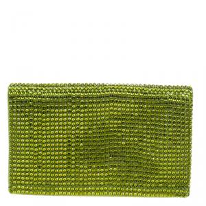 Tom Ford Green Satin Crystal Embellished Flat Clutch