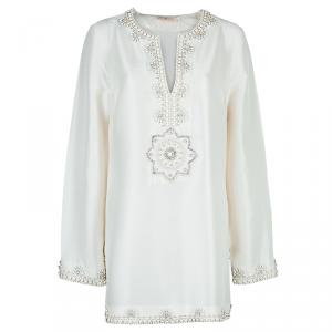 Pre Owned Tory Burch Cream Raw Silk Embellished Long Sleeve Tunic Blouse L