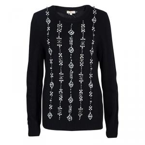 Tory Burch Black Crystal Embellished Etta Sweater  L