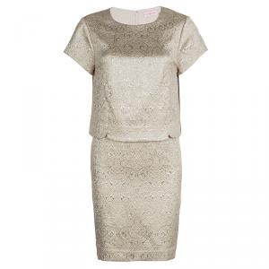 Pre Owned Tory Burch Metallic Embossed Jacquard Layered Short Sleeve Brielle Dress M