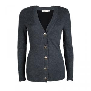 Pre Owned Tory Burch Colorblock Merino Wool Logo Button Detail Cardigan S