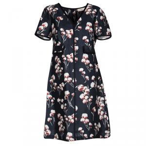 Tory Burch Navy Blue Floral Printed Silk V-Neck Kenzie Dress S