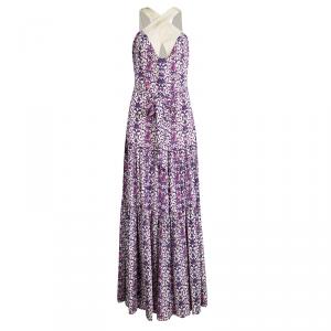 Tory Burch Purple Printed Silk Sleeveless Tiered Maxi Dress L