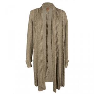 Pre Owned Tory Burch Gold Lurex Chunky Cable Knit Open Front Cardigan XL