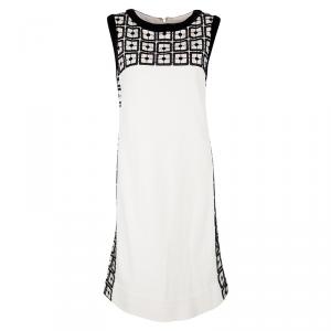Tory Burch Cream Contrast Embroidered Velvet Trim Sleeveless Denise Dress L