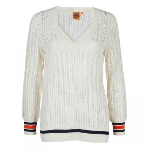 Pre Owned Tory Burch Cream Ozzy Cutwork Detail Sweater S
