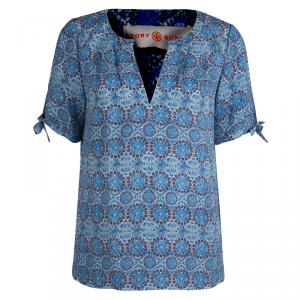 Pre Owned Tory Burch Blue Floral Printed Short Sleeve Blouse M