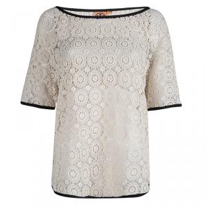 Pre Owned Tory Burch Cream Lace Short Sleeve Top XL