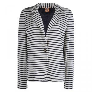 Pre Owned Tory Burch Navy Blue And White Striped Knit Blazer XL