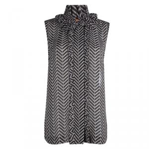 Pre Owned Tory Burch Brown Chevron Print Ruffle Detail Sleeveless Top XL