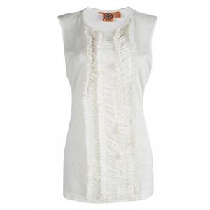 Pre Owned Tory Burch Off White Ruffle Front Detail Sleeveless Top XL