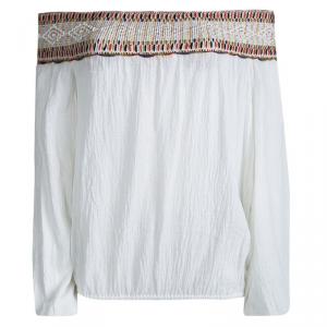 Pre Owned Tory Burch White Cotton Gauze Embroidered Off Shoulder Blouse XS