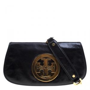 Pre Owned Tory Burch Black Leather Reva Logo Crossbody Bag