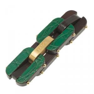 Pre Owned Fendi Link Green Croc Embossed Leather and  Wood Bracelet