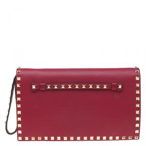 Valentino Red Leather Rockstud Flap Wristlet Clutch