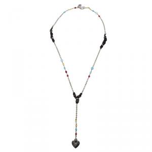 Pre Owned Valentino Multicolor Beads, Leather Trims and Silver Tone Heart Long Necklace