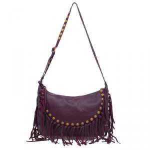 Pre Owned Valentino Burgundy Leather C Rockee Studded Fringe Hobo Bag