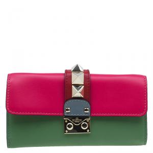 Pre Owned Valentino Tri Color Leather Rockstud Glam Lock Chain Wallet