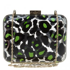 Pre Owned Valentino Leopard Print Plexiglass Chain Clutch 