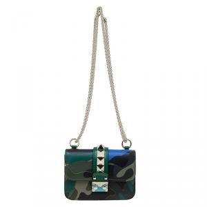 Pre Owned Valentino Camouflage Leather/Canvas Mini Rockstud Lock Flap Crossbody Bag