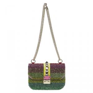 Pre Owned Valentino Multicolor Crystal Embellished Leather Small Glam Lock Flap Bag