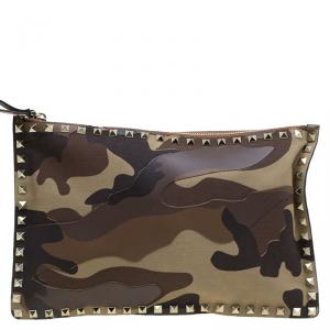 Pre Owned Valentino Camouflage Canvas and Leather Rockstud Flat Zip Clutch