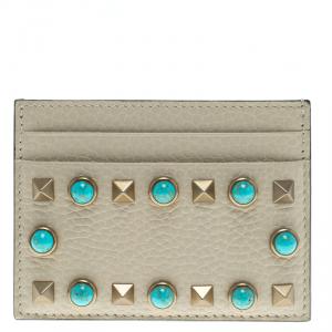 Pre Owned Valentino Off White Leather Rockstud Embellished Card Holder