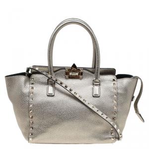 Pre Owned Valentino Metallic Grey Leather Small Rockstud Shopper Tote
