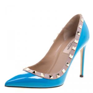 Pre Owned Valentino Blue Patent Leather Rockstud Leather Pumps Size 36.5