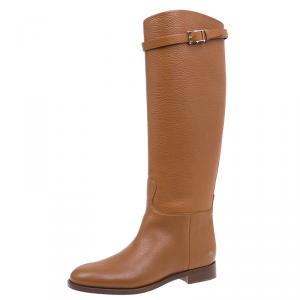 Pre Owned Valentino Brown Leather Rockstud Buckle Riding Knee Boots Size 39