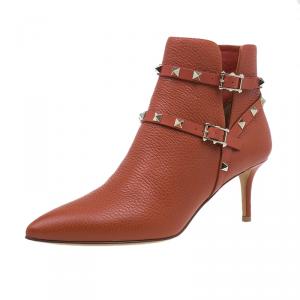 Pre Owned Valentino Orange Leather Rockstud Ankle Boots Size 39
