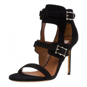 Pre Owned Valentino Black Suede Buckle Detail Ankle Wrap Sandals Size 38.5 