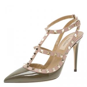 مملوكة مسبقًا Valentino Green Patent and Beige Leather Rockstud Sandals Size 38