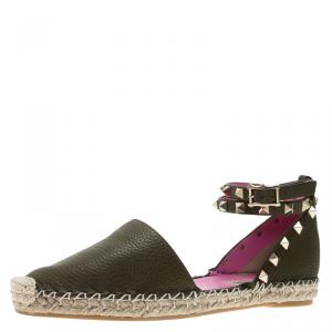 Pre Owned Valentino Green Leather Rockstud Espadrilles Size 37