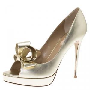 Pre Owned Valentino Gold Leather Couture Bow Peep Toe Platform Pumps Size 40.5