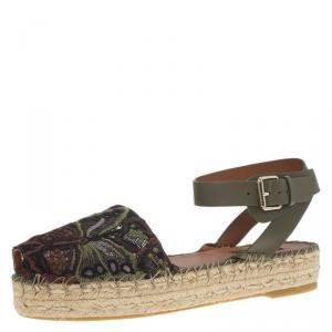 Pre Owned Valentino Olive Embroidered And Leather Ankle Strap Espadrille Sandals Size 39