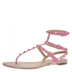 Pre Owned Valentino Pink Leather Rockstud Thong Gladiator Sandals Size 40
