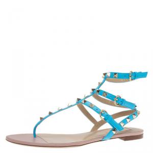 Pre Owned Valentino Blue Leather Rockstud Thong Gladiator Sandals Size 39.5