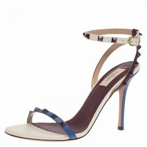 Pre Owned Valentino Tri Color Leather Rockstud Ankle Strap Sandals Size 40