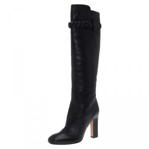 مملوكة مسبقًا Valentino Black Leather Braided Strap Over the Knee Boots Size 38.5