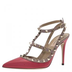Pre Owned Valentino Red and Beige Leather Rockstud Sandals Size 39