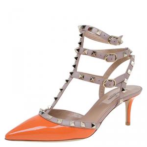 Pre Owned Valentino Orange and Beige Leather Rockstud Sandals Size 38