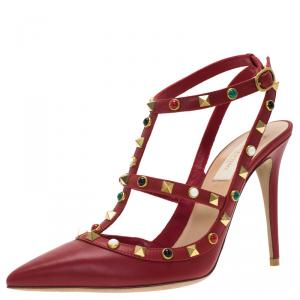 Pre Owned Valentino Maroon Leather Rolling Rockstud Sandals Size 40