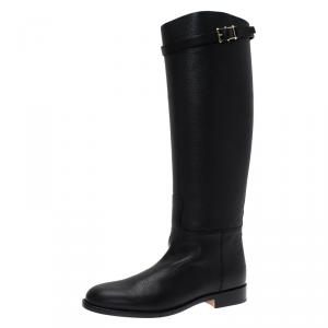 Pre Owned Valentino Black Leather Rockstud Buckle Riding Knee Boots Size 39.5