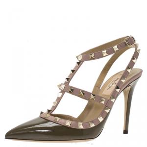 Pre Owned Valentino Olive Green Patent and Beige Leather Rockstud Sandals Size 38